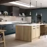 Segreto Modern Slab Door Kitchen with Built-In Handle- Halifax Natural Oak & Bella Matt Kombu Green